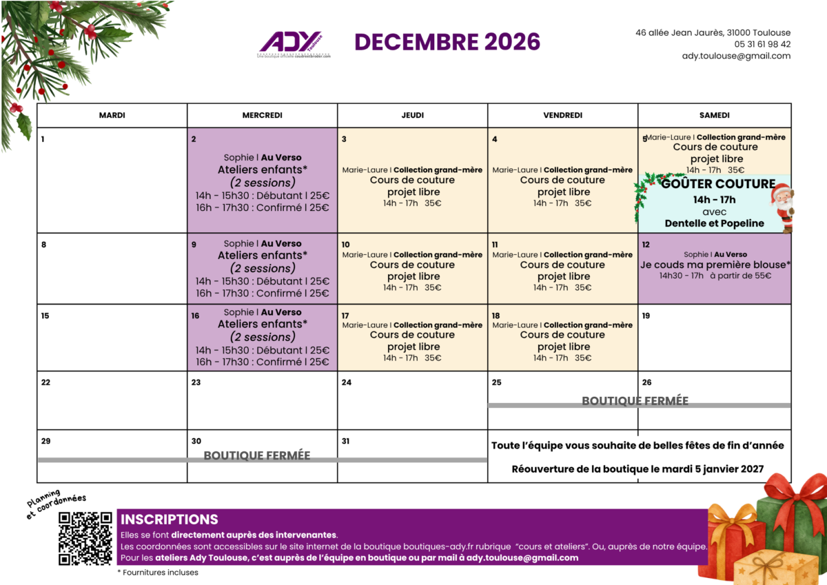planning ateliers couture Ady Toulouse décembre2026