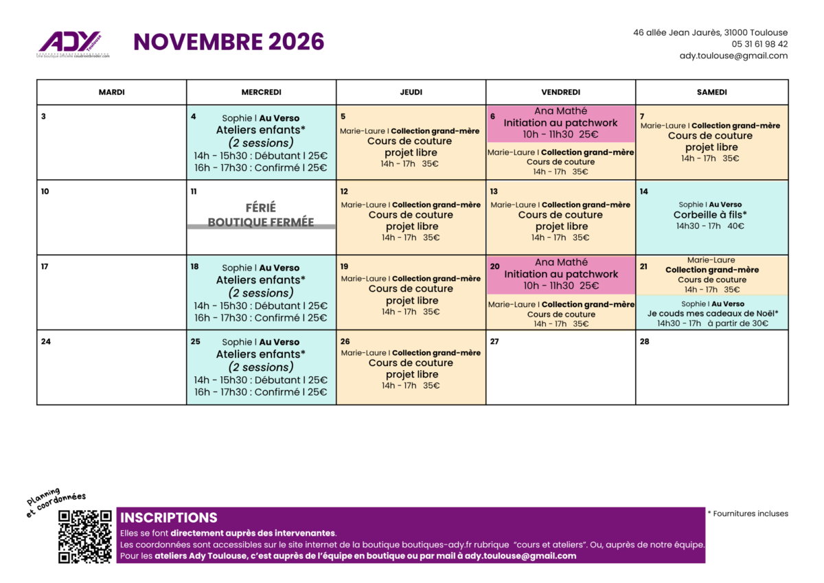 planning ateliers couture Ady Toulouse novembre 2026